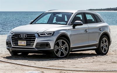 Audi Q5, 2017, spiaggia, crossover, argento Audi, nuova Q5