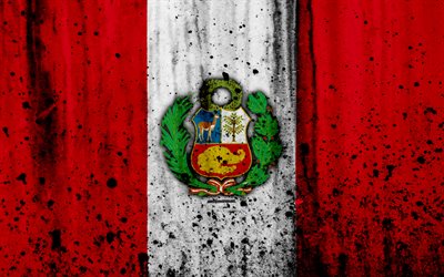 Peruanska flaggan, 4k, grunge, flaggan i Peru, Sydamerika, Tyskland, nationell symbolik, vapen i Peru, Peruanska vapen