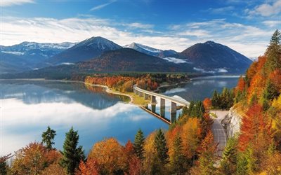 Lac de Sylvenstein, pont, automne, montagnes, Bavi&#232;re, Allemagne
