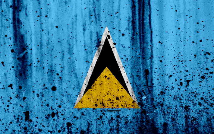 Saint Lucian lippu, 4k, grunge, Pohjois-Amerikassa, lipun Saint Lucia, kansalliset symbolit, vaakuna Saint Lucia, Saint Lucia kansallinen tunnus