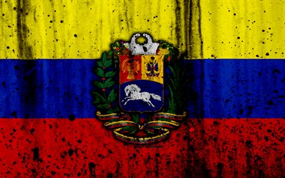 Venezuelas flagga, 4k, grunge, flaggan i Venezuela, Sydamerika, Venezuela, nationella symboler, vapen i Venezuela, Venezuelas vapen, Venezuela nationella emblem