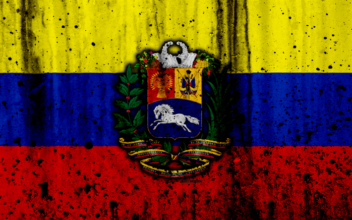 Venezuelan flag, 4k, grunge, flag of Venezuela, South America, Venezuela, national symbols, coat of arms of Venezuela, Venezuelan coat of arms, Venezuela national emblem