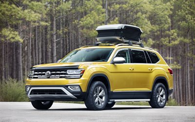 Volkswagen Atlas, 2018, 4k, new SUV, yellow, German cars, Volkswagen