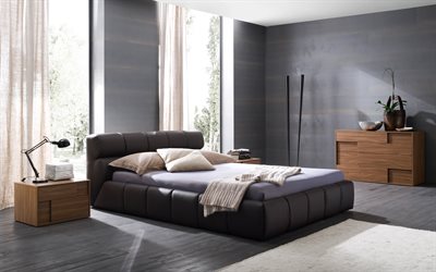 i&#231; yatak odası, modern tasarımı, şık yatak odası, mor tonları, 4k, gri duvarlar