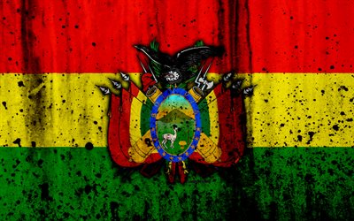 Bolivian flag, 4k, grunge, flag of Bolivia, South America, Bolivia, national symbols, coat of arms of Bolivia, Bolivian coat of arms, Bolivia national emblem