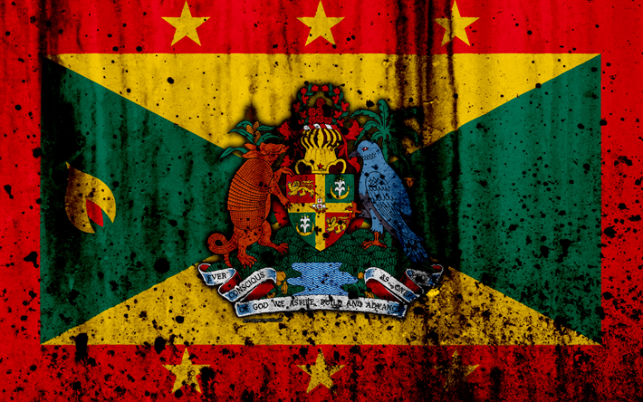 La grenade drapeau, 4k, grunge, Am&#233;rique du Nord, le drapeau de la Grenade, les symboles nationaux, la Grenade, le blason de la Grenade, la Grenade embl&#232;me national