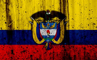 Colombian flag, 4k, grunge, flag of Colombia, South America, Colombia, national symbols, coat of arms of Colombia, Colombian coat of arms, Colombia national emblem