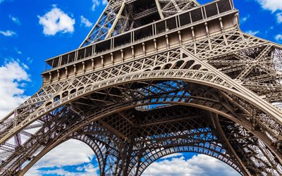 Eiffel Tower, 4k, french landmarks, blue sky, Paris, France, Europe