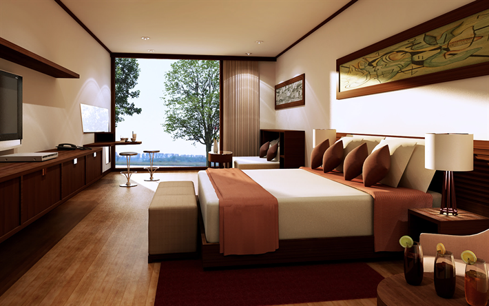 interior of hotel room, modern design, brown tone, hotel room, room for three, modern interior, 4k