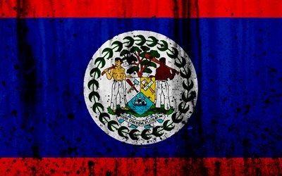 Belize bandeira, 4k, grunge, Am&#233;rica Do Norte, bandeira de Belize, s&#237;mbolos nacionais, Belize, bras&#227;o de armas de Belize, Belize emblema nacional