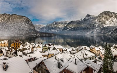4k, Hallstatt, winter, lake, mountains, Europe, Austria