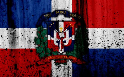 Dominican Republic flag, 4k, grunge, North America, national symbols, Dominican Republic, coat of arms Dominican Republic, national emblem