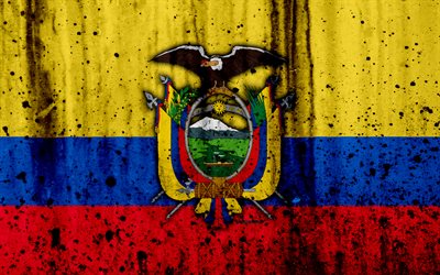 Ecuadorian flag, 4k, grunge, Am&#233;rica Do Sul, bandeira do Equador, s&#237;mbolos nacionais, Equador, bras&#227;o de armas do Equador, Ecuadorian emblema nacional