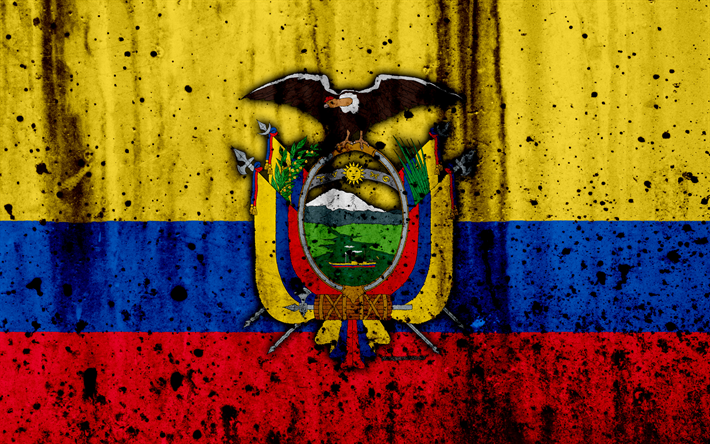 Ecuadorian flag, 4k, grunge, Am&#233;rica Do Sul, bandeira do Equador, s&#237;mbolos nacionais, Equador, bras&#227;o de armas do Equador, Ecuadorian emblema nacional