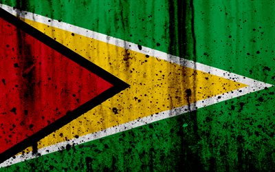 Guiana bandeira, 4k, grunge, Am&#233;rica Do Sul, bandeira da Guiana, s&#237;mbolos nacionais, Guiana, bras&#227;o de armas da Guiana, De Guyanese emblema nacional