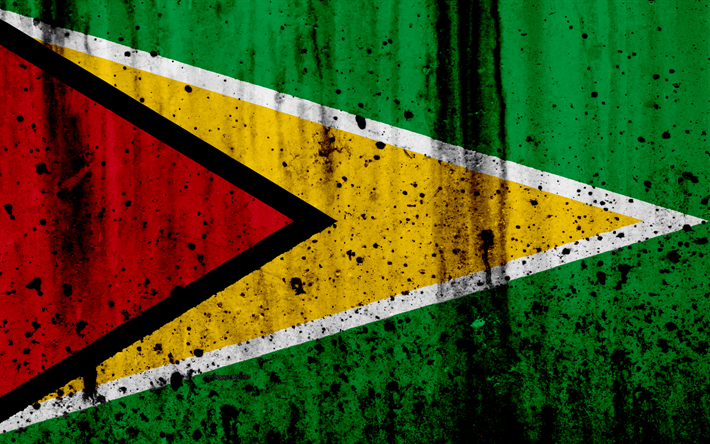 Guyana flag, 4к, grunge, South America, flag of Guyana, national symbols, Guyana, coat of arms of Guyana, Guyanese national emblem
