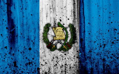 Guatemalan flag, 4k, grunge, North America, flag of Guatemala, national symbols, Guatemala, coat of arms of Guatemala, Guatemalan national emblem