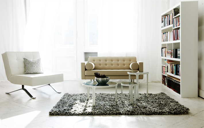 modern light interior, modern design, white leather armchair, interior of the living room