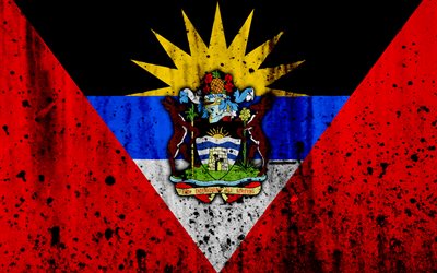 Antigua ja Barbudan lipun alla, 4k, grunge, lippuvaltio on Antigua ja Barbuda, Pohjois-Amerikassa, Antigua ja Barbuda, kansalliset symbolit, Antigua ja Barbuda vaakuna, Antigua ja Barbuda kansallinen tunnus