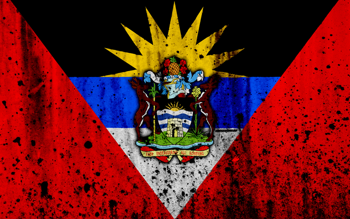 Antigua-et-Barbuda drapeau, 4k, grunge, pavillon d&#39;Antigua-et-Barbuda, de l&#39;Am&#233;rique du Nord, allemagne, Antigua-et-Barbuda, les symboles nationaux, Antigua-et-Barbuda blason, Antigua-et-Barbuda embl&#232;me national