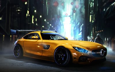 Mercedes-AMG GT S, supercars, art, night, sportcars, Mercedes