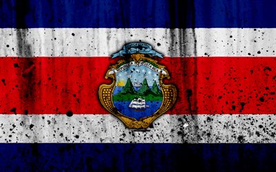 Costa Rican lippu, 4k, grunge, Pohjois-Amerikassa, lippu Costa Rica, kansalliset symbolit, Costa Rica, vaakuna Costa Rica, Costa Rican kansallinen tunnus