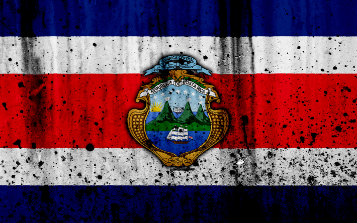 Costa Rica bandeira, 4k, grunge, Am&#233;rica Do Norte, bandeira da Costa Rica, s&#237;mbolos nacionais, Costa Rica, bras&#227;o de armas da Costa Rica, Nacionais da Costa Rica emblema