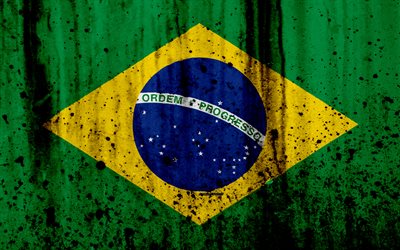 Brasiliansk flagga, 4k, grunge, Sydamerika, flaggan i Brasilien, nationella symboler, Brasilien, vapen i Brasilien, Brasilianska nationella emblem