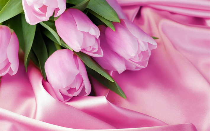 tulipanes de color rosa, rom&#225;ntico ramo de flores, tulipanes, rosas de seda, flores de color rosa