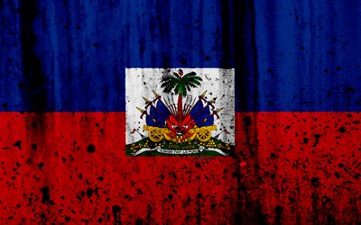 Haitian flag, 4k, grunge, flag of Haiti, North America, Haiti, national symbols, coat of arms of Haiti, Haitian coat of arms, Haiti national emblem