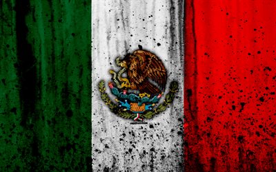 Bandera mexicana, 4k, grunge, Am&#233;rica del Sur, bandera de M&#233;xico, los s&#237;mbolos nacionales, M&#233;xico, escudo de armas de M&#233;xico, nuevo escudo nacional Mexicano