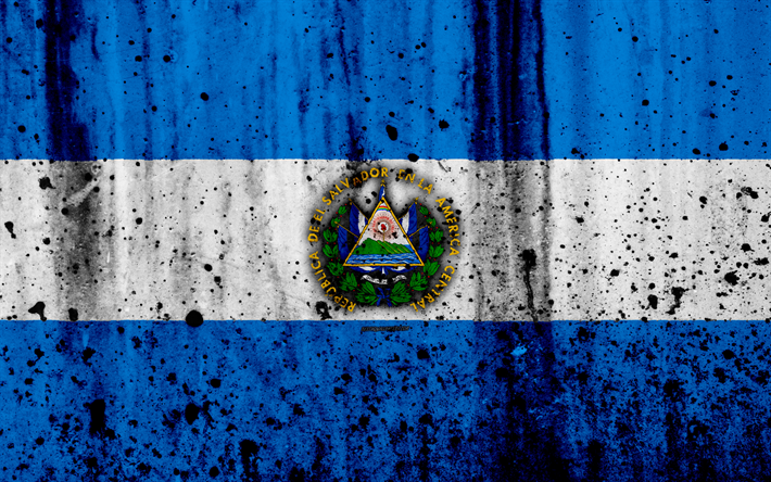 Salvador bandiera, 4k, grunge, bandiera di Salvador, America del Nord, Salvador, simboli nazionali, stemma del Salvador, Salvador stemma, Salvador emblema nazionale