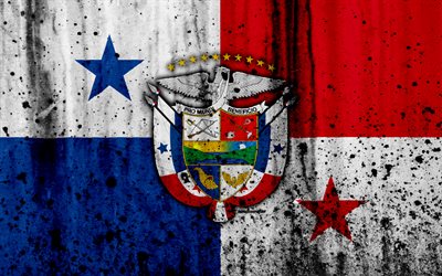 Panam&#225; bandera, 4k, grunge, Am&#233;rica del Norte, bandera de Panam&#225;, los s&#237;mbolos nacionales, Panam&#225;, escudo de armas de Panam&#225;, el escudo nacional de Panam&#225;