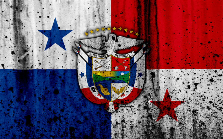 Panama drapeau, 4k, grunge, Am&#233;rique du Nord, pavillon de Panama, les symboles nationaux, le Panama, les armoiries de Panama, Panama embl&#232;me national