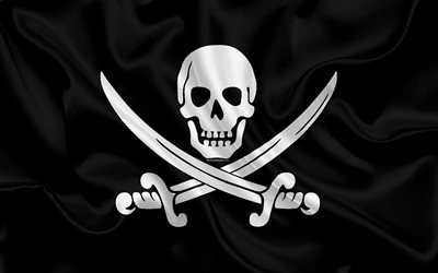 Pirat flaggan, 4k, black flag, pirate tecken, skalle och sablar, pirater, Jolly Roger