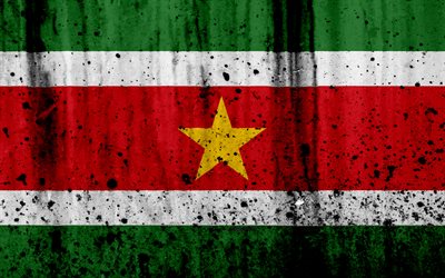 Suriname bandera, 4k, grunge, Am&#233;rica del Sur, bandera de Surinam, los s&#237;mbolos nacionales, Surinam, escudo de armas de Surinam, el emblema nacional
