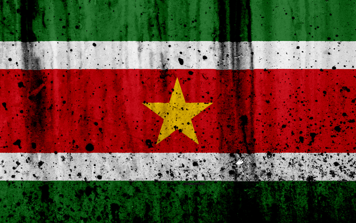 Suriname drapeau, 4k, grunge, Am&#233;rique du Sud, drapeau du Suriname, les symboles nationaux, le Suriname, les armoiries du Suriname, de l&#39;embl&#232;me national