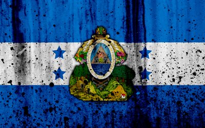 Honduras bandera, 4k, grunge, bandera de Honduras, Am&#233;rica del Norte, Honduras, los s&#237;mbolos nacionales, el escudo de armas de Honduras, Honduras escudo de armas, Honduras emblema nacional
