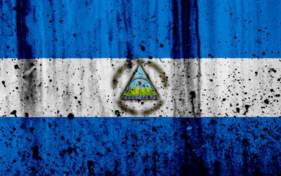 Bandera de nicaragua, 4k, el grunge, la bandera de Nicaragua, Am&#233;rica del Norte, Nicaragua, los s&#237;mbolos nacionales, el escudo de armas de Nicaragua, Nicaragua escudo de armas, Nicaragua emblema nacional