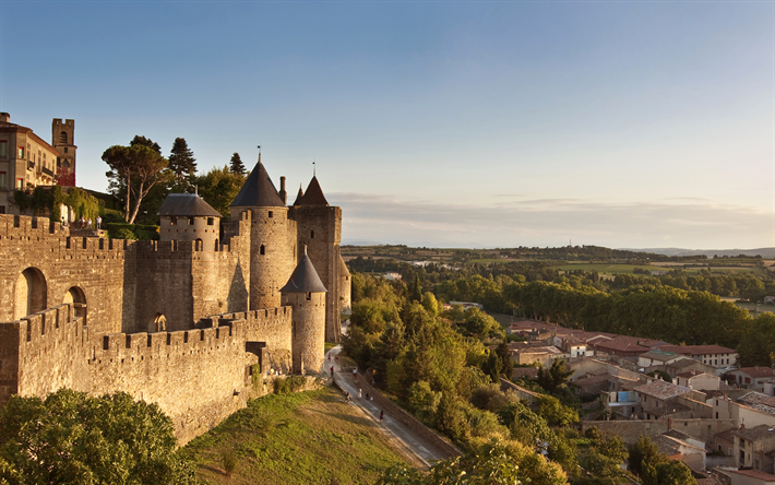 Carcassonne forteresse, 4k, des forteresses, des monuments fran&#231;ais, Carcassonne, France