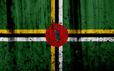Bandera dominicana, 4k, el grunge, el indicador de Dominica, Am&#233;rica del Norte, Dominica, los s&#237;mbolos nacionales, el escudo de armas de Dominica, la rep&#250;blica Dominicana escudo de armas, Dominica emblema nacional