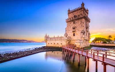 Belem Tower, 4k, sunset, sea, Tower of Saint Vincent, Portuguese landmarks, Europe, Lisboa, Portugal