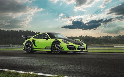 Porsche 911 Turbo GT, Rue de la R, TechArt, coup&#233; sport, tuning 911, allemand sports arena, vert Porsche, Porsche 991