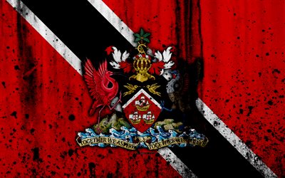 Trinidad y Tobago bandera, 4k, grunge, Am&#233;rica del Norte, la bandera de Trinidad y Tobago, los s&#237;mbolos nacionales, Trinidad y Tobago, el escudo de armas de Trinidad y Tobago, el emblema nacional
