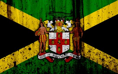 Bandera de jamaica, 4k, el grunge, el de la bandera de Jamaica, en el Norte de Am&#233;rica, Jamaica, los s&#237;mbolos nacionales, el escudo de armas de Jamaica, Jamaica escudo de armas, Jamaica emblema nacional