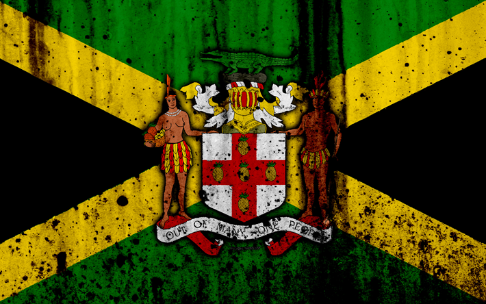 Jamaika silah, silah Jamaikalı kat Jamaika bayrağı, 4k, grunge, Jamaika bayrağı, Kuzey Amerika, Jamaika, ulusal semboller, ceket, Jamaika ulusal amblemi