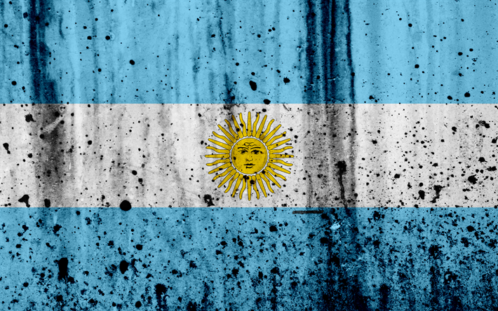 Bandera argentina, 4k, grunge, Am&#233;rica del Sur, bandera de Argentina, los s&#237;mbolos nacionales, la Argentina, el escudo de armas de la Argentina, Argentino emblema nacional