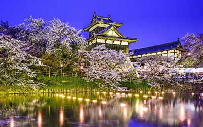 Koriyama Castle, 4k, night, japanese landmarks, Asia, Japan