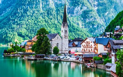 Hallstatt, azul lago, monta&#241;as, Europa, verano, Austria