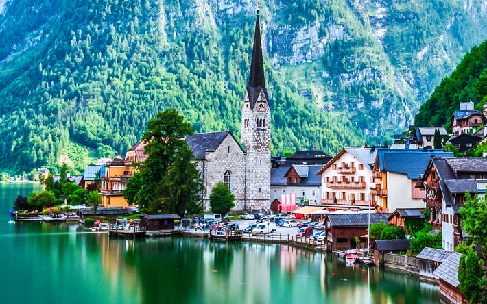Hallstatt, blue lake, mountains, Europe, summer, Austria